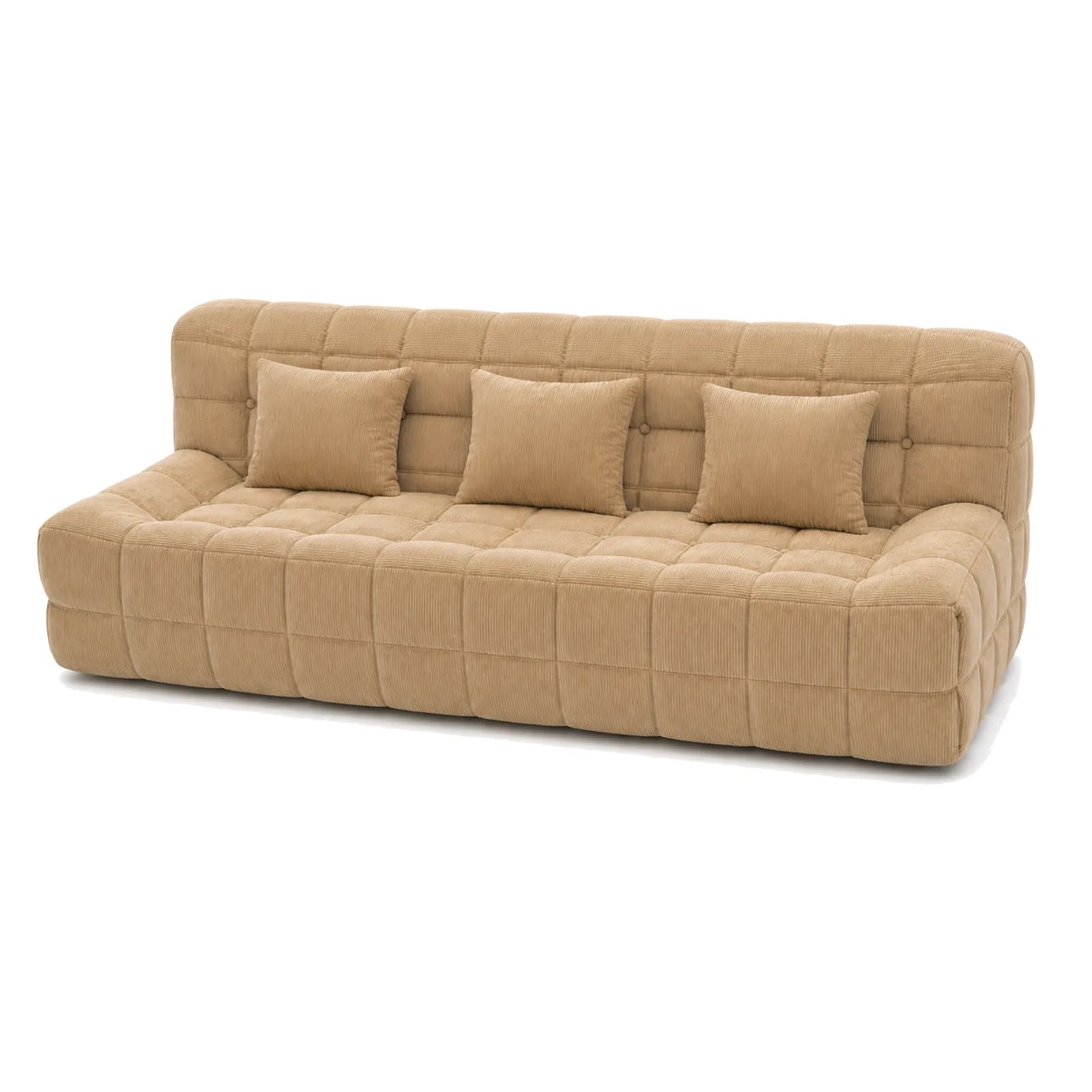 #MarronSable Canapé Waffle matelassé 3 places marron sable, vue de trois quarts droite