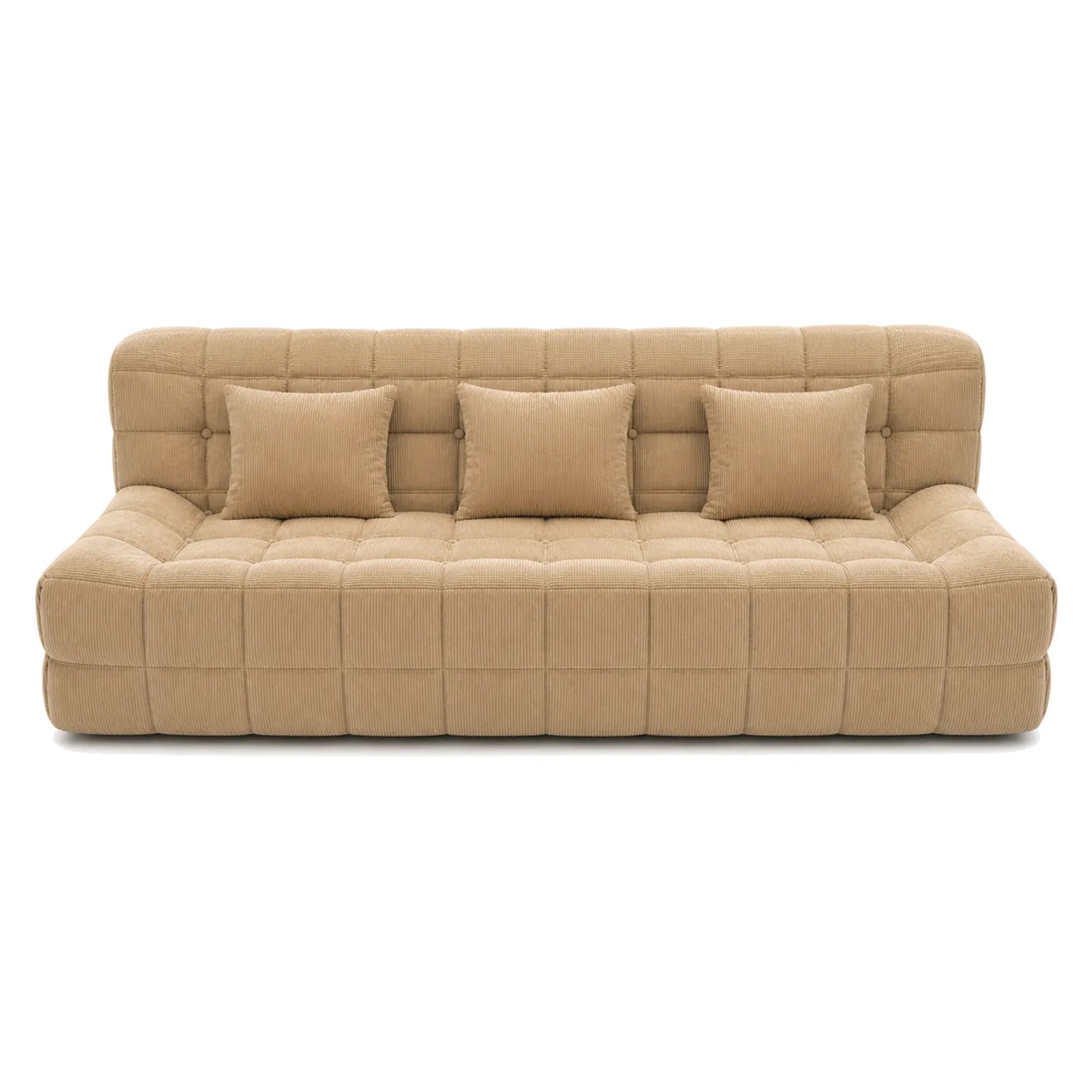 #MarronSable Canapé Waffle matelassé 3 places marron sable, vue de face, assise basse et matelassage en damier