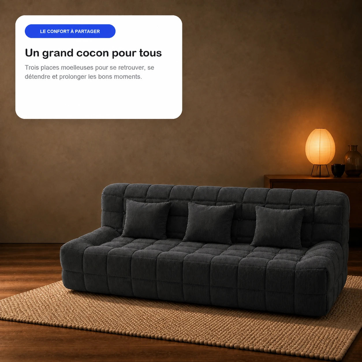 #Noir Canapé Waffle matelassé 3 places noir, en situation, ambiance détente