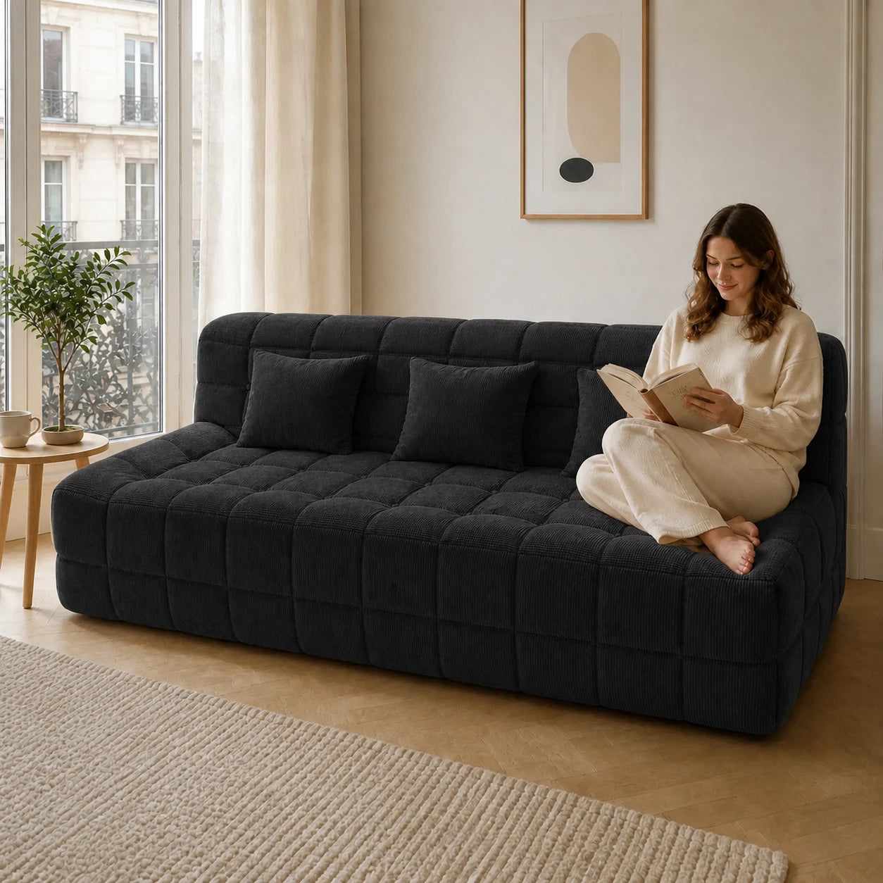 #Noir Canapé Waffle matelassé 3 places noir, installé dans un salon lumineux