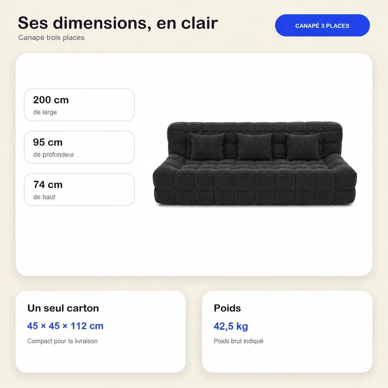 #Noir Canapé Waffle matelassé 3 places noir, dimensions 200 x 95 x 74 cm, carton de 45 x 45 x 112 cm, 42,5 kg