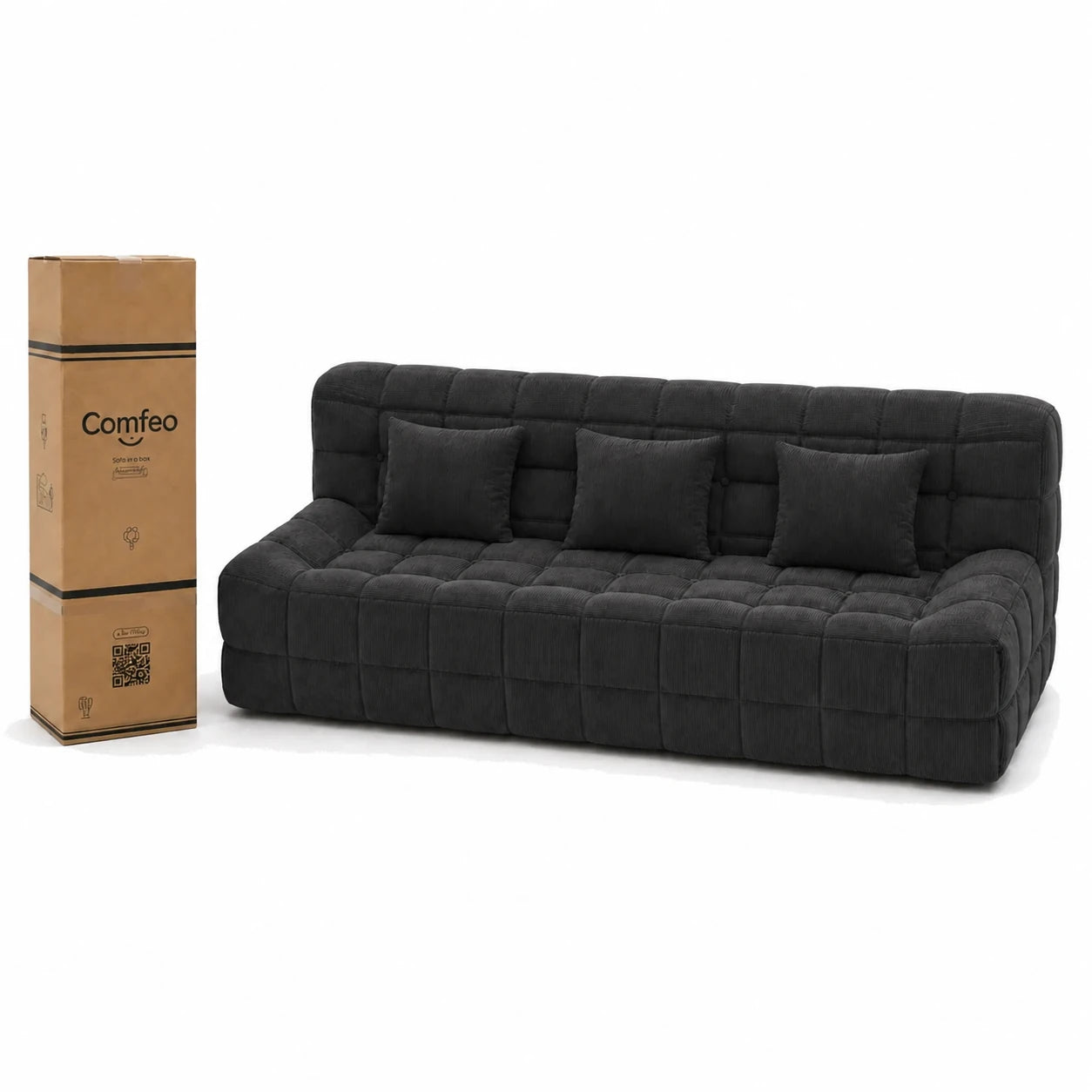#Noir Canapé Waffle matelassé 3 places noir, livré compressé dans un seul carton de 45 x 45 x 112 cm