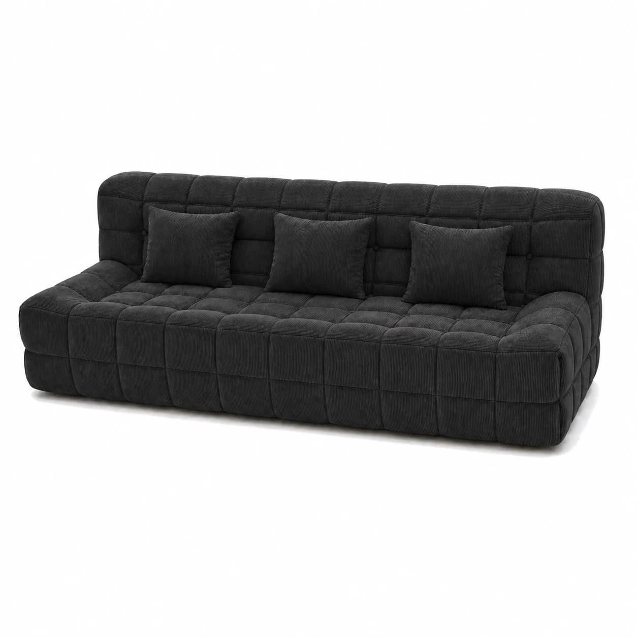 #Noir Canapé Waffle matelassé 3 places noir, vue de trois quarts droite