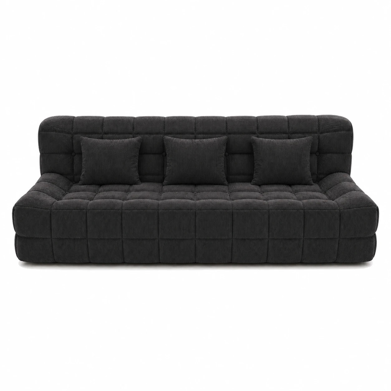 #Noir Canapé Waffle matelassé 3 places noir, vue de face, assise basse et matelassage en damier