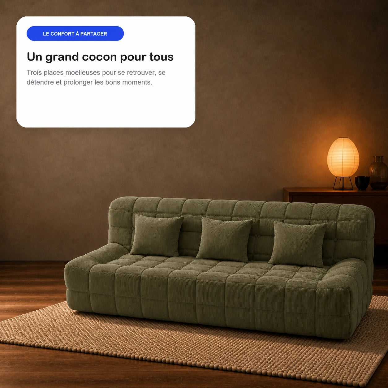 #VertOlive Canapé Waffle matelassé 3 places vert olive, en situation, ambiance détente