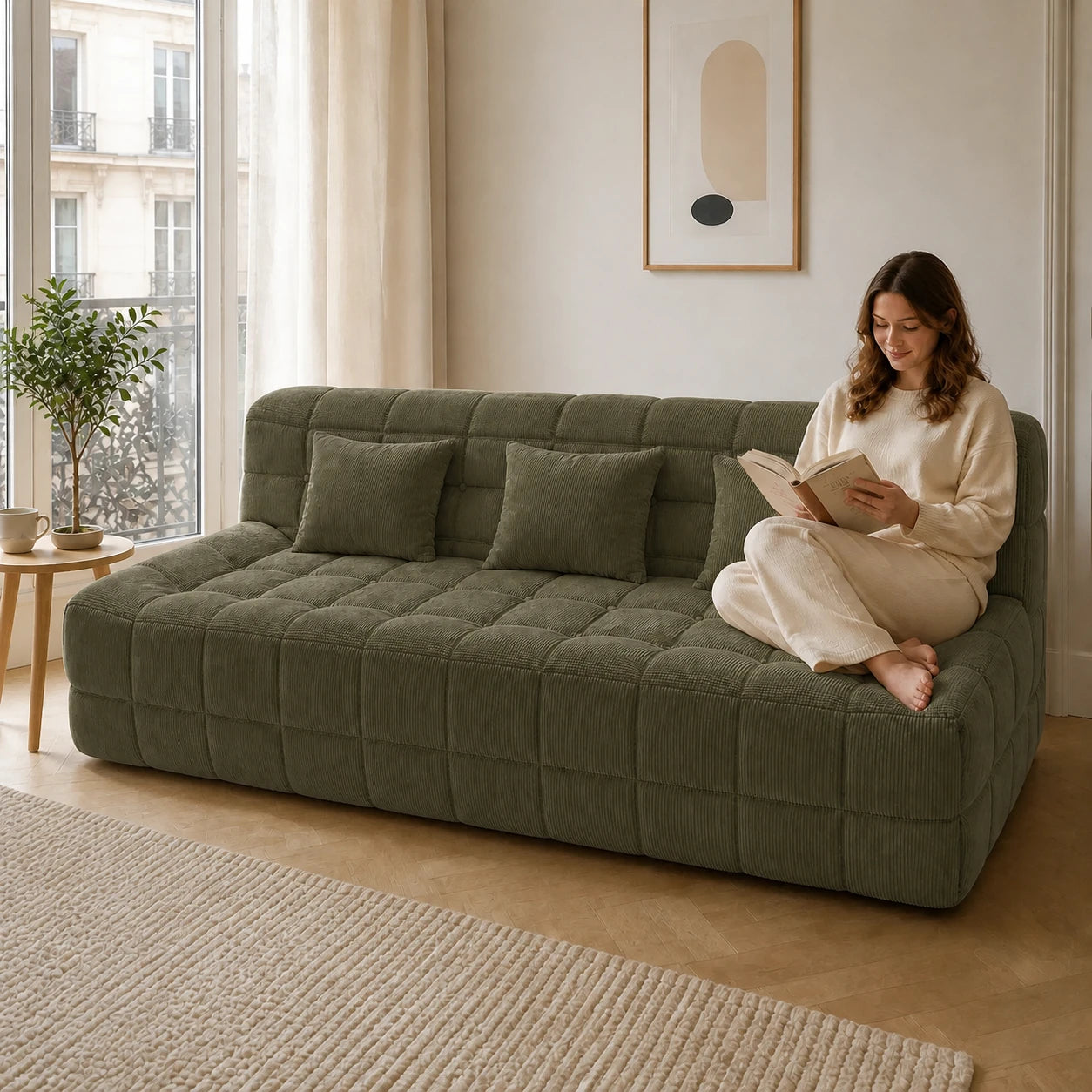 #VertOlive Canapé Waffle matelassé 3 places vert olive, installé dans un salon lumineux