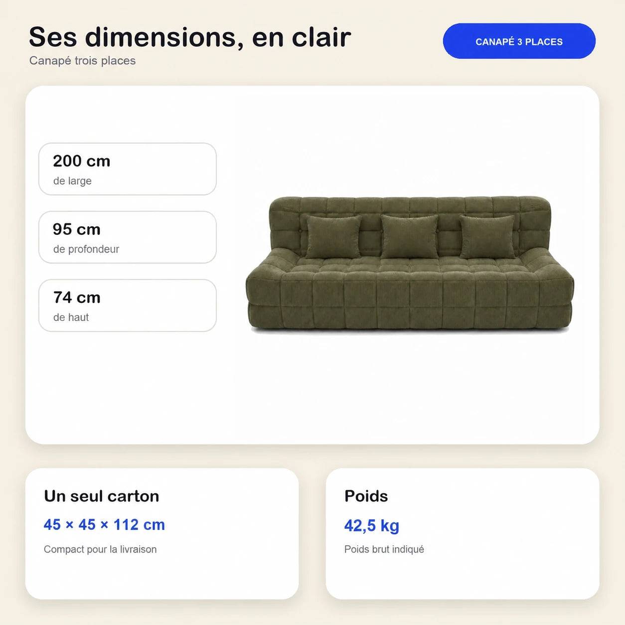 #VertOlive Canapé Waffle matelassé 3 places vert olive, dimensions 200 x 95 x 74 cm, carton de 45 x 45 x 112 cm, 42,5 kg