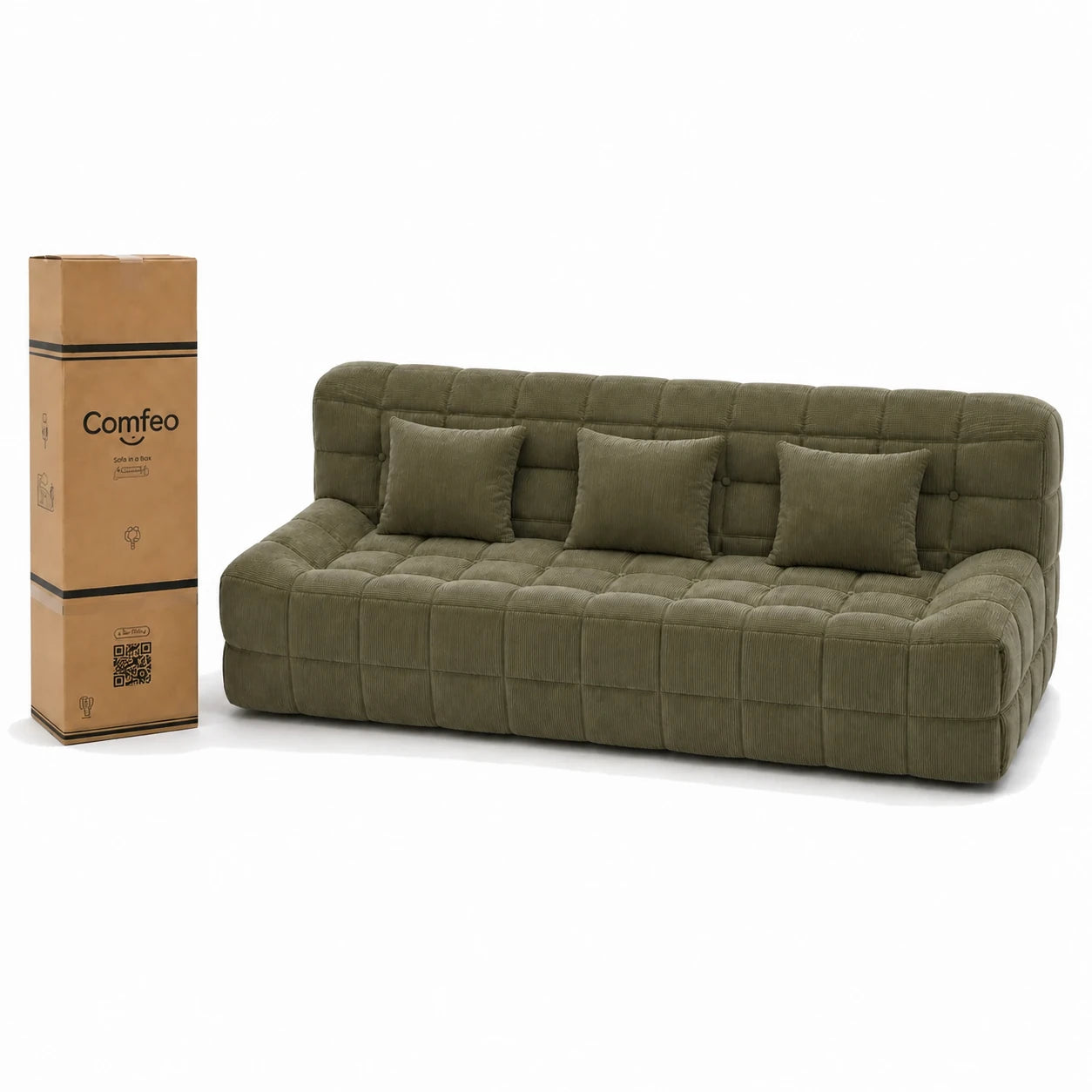 #VertOlive Canapé Waffle matelassé 3 places vert olive, livré compressé dans un seul carton de 45 x 45 x 112 cm