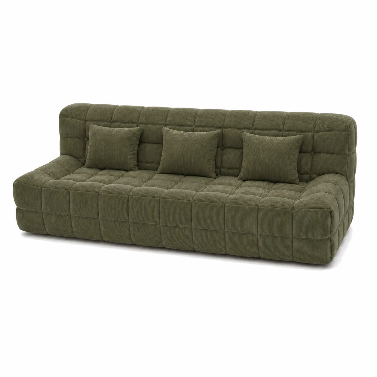 #VertOlive Canapé Waffle matelassé 3 places vert olive, vue de trois quarts droite