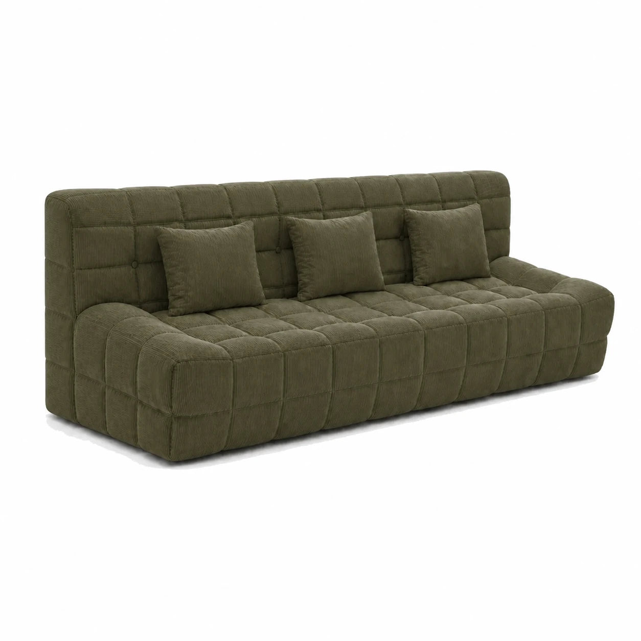 #VertOlive Canapé Waffle matelassé 3 places vert olive, vue de trois quarts gauche