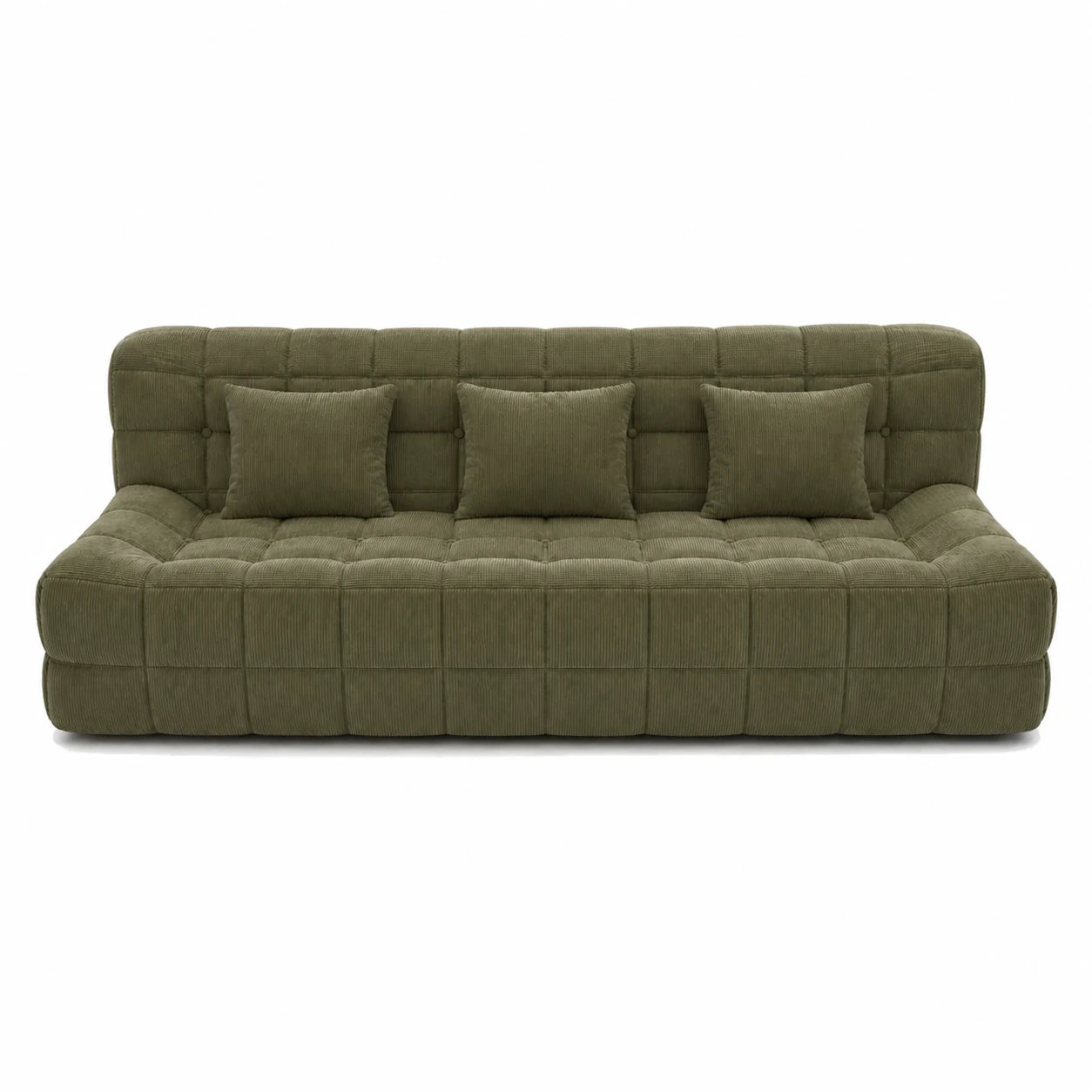 #VertOlive Canapé Waffle matelassé 3 places vert olive, vue de face, assise basse et matelassage en damier