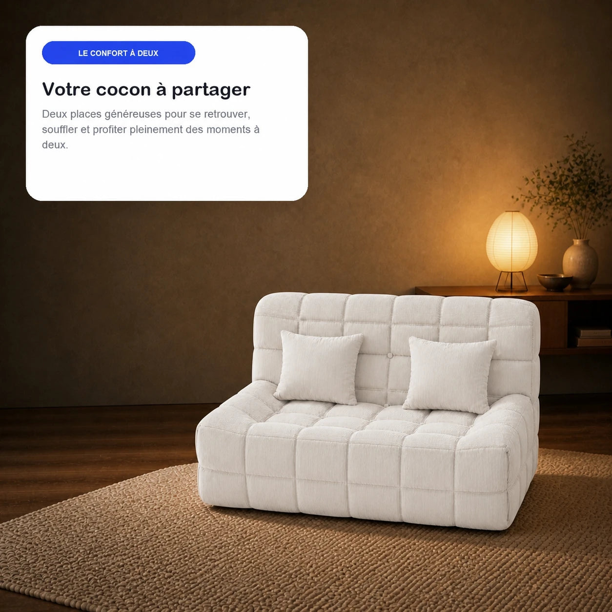 #BlancCrème Canapé Waffle Classic matelassé 2 places blanc crème, en situation, ambiance détente