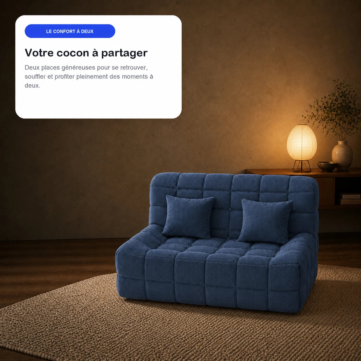 #BleuDenim Canapé Waffle Classic matelassé 2 places bleu denim, en situation, ambiance détente