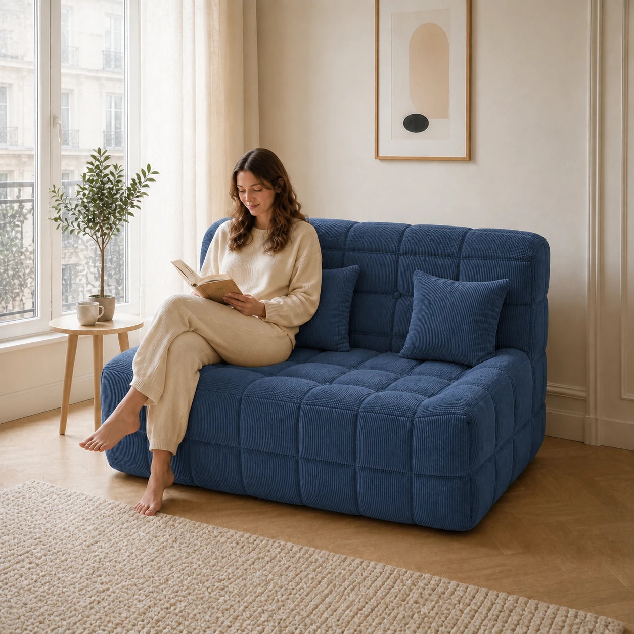 #BleuDenim Canapé Waffle Classic matelassé 2 places bleu denim, installé dans un salon lumineux