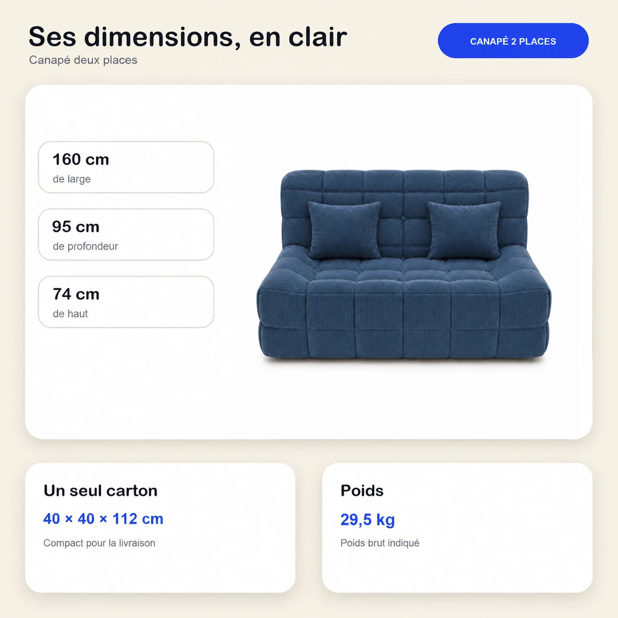 #BleuDenim Canapé Waffle Classic matelassé 2 places bleu denim, dimensions 160 x 95 x 74 cm, carton de 40 x 40 x 112 cm, 29,5 kg