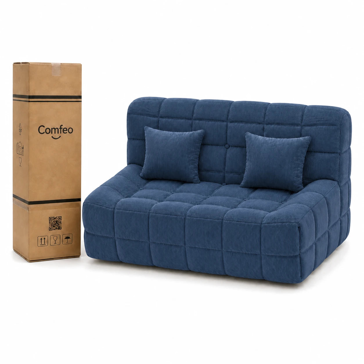 #BleuDenim Canapé Waffle Classic matelassé 2 places bleu denim, livré compressé dans un seul carton de 40 x 40 x 112 cm