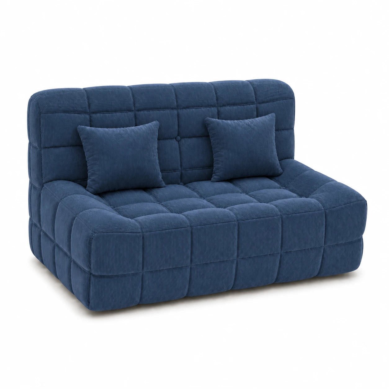 #BleuDenim Canapé Waffle Classic matelassé 2 places bleu denim, vue de trois quarts gauche