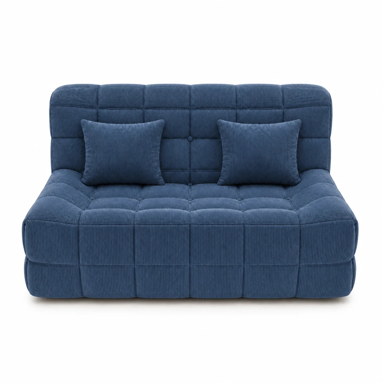 #BleuDenim Canapé Waffle Classic matelassé 2 places bleu denim, vue de face, assise basse et matelassage en damier