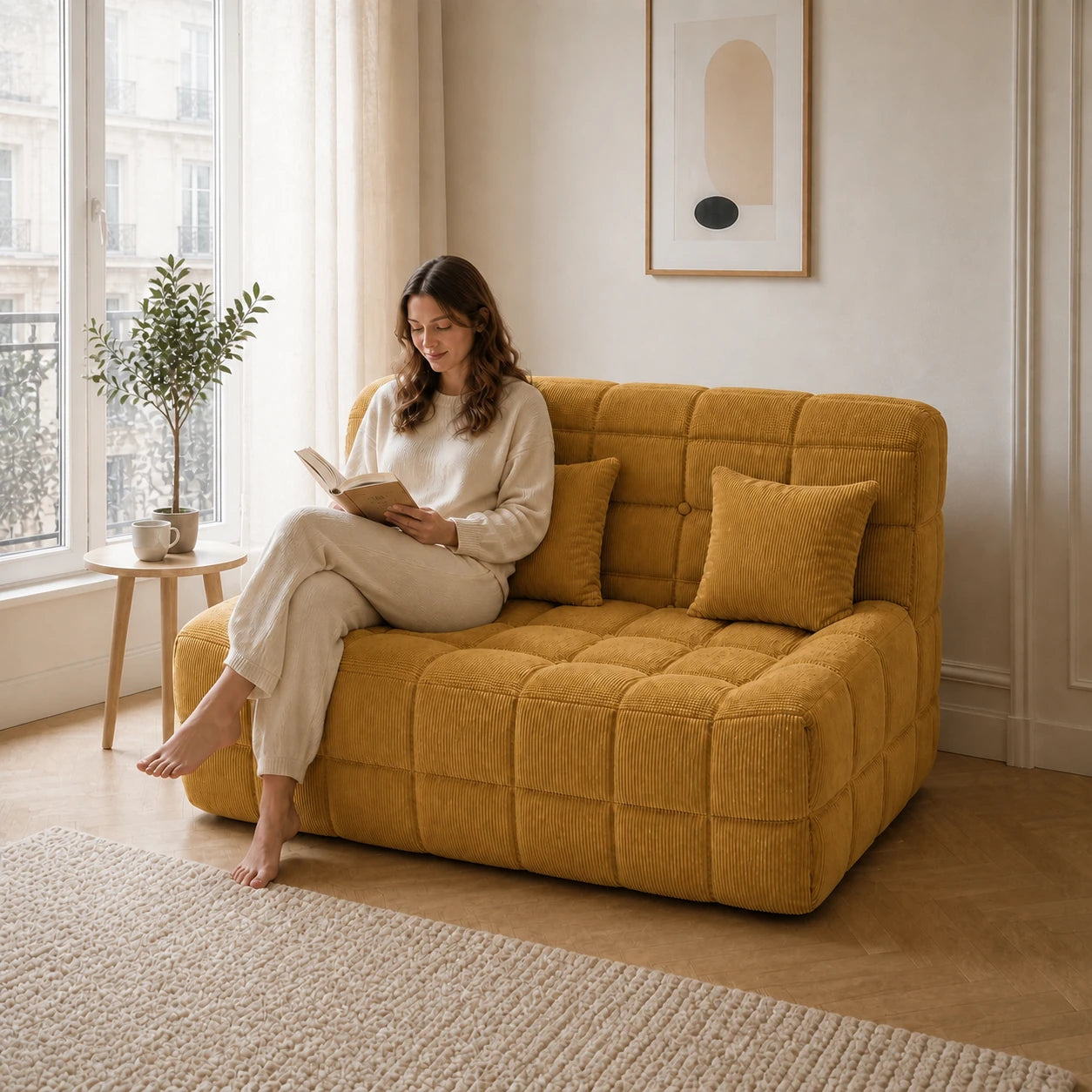 #JauneMoutarde Canapé Waffle Classic matelassé 2 places jaune moutarde, installé dans un salon lumineux