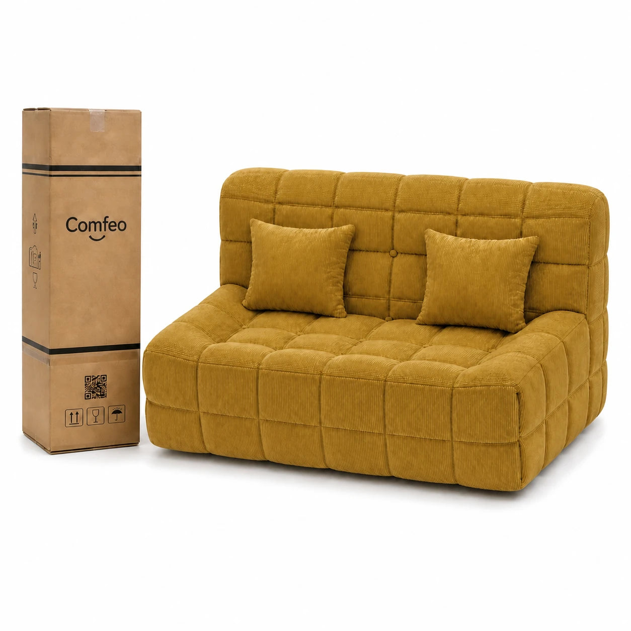 #JauneMoutarde Canapé Waffle Classic matelassé 2 places jaune moutarde, livré compressé dans un seul carton de 40 x 40 x 112 cm