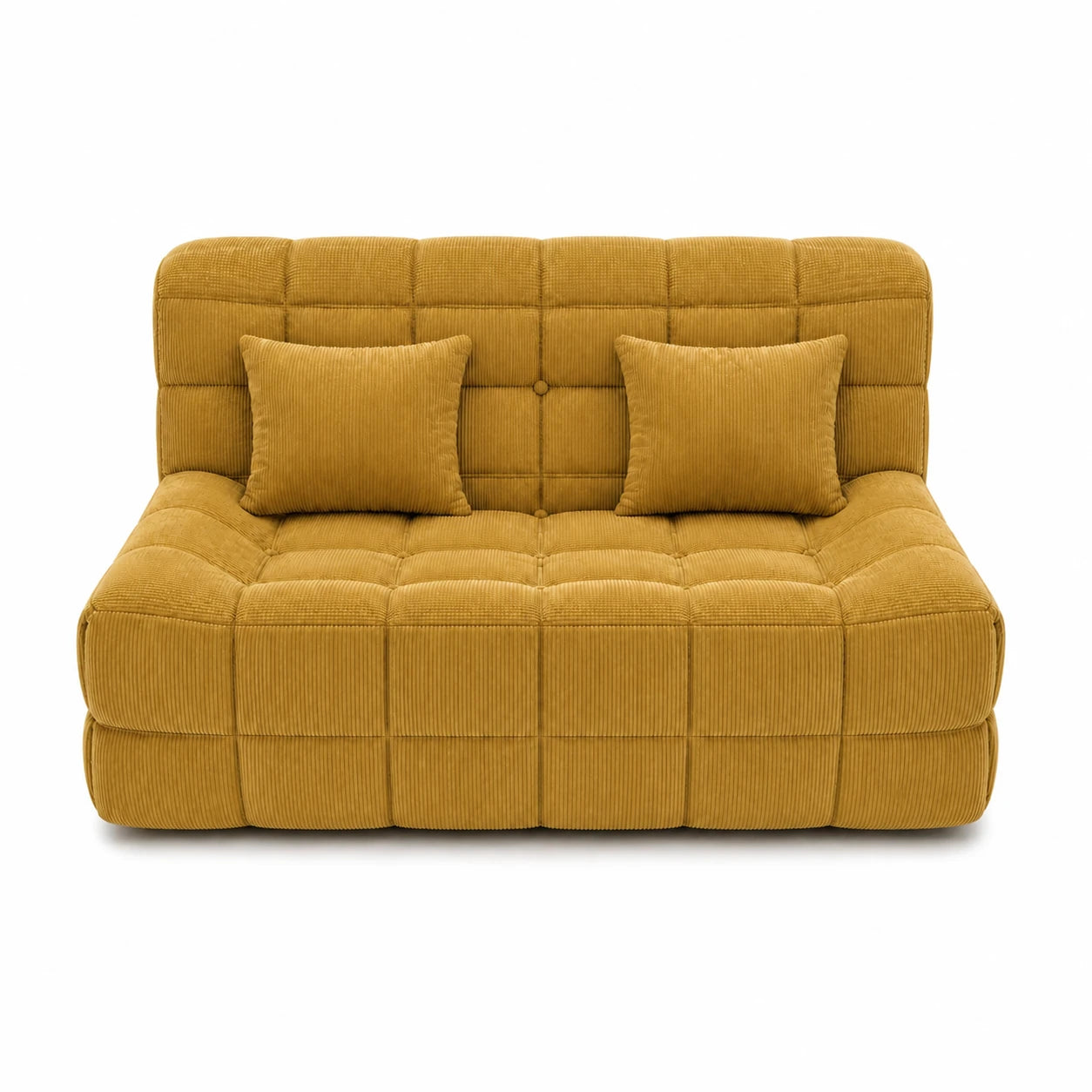 #JauneMoutarde Canapé Waffle Classic matelassé 2 places jaune moutarde, vue de face, assise basse et matelassage en damier