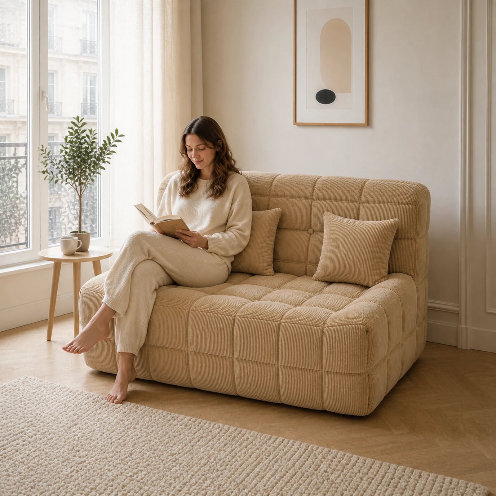 #MarronSable Canapé Waffle Classic matelassé 2 places marron sable, installé dans un salon lumineux