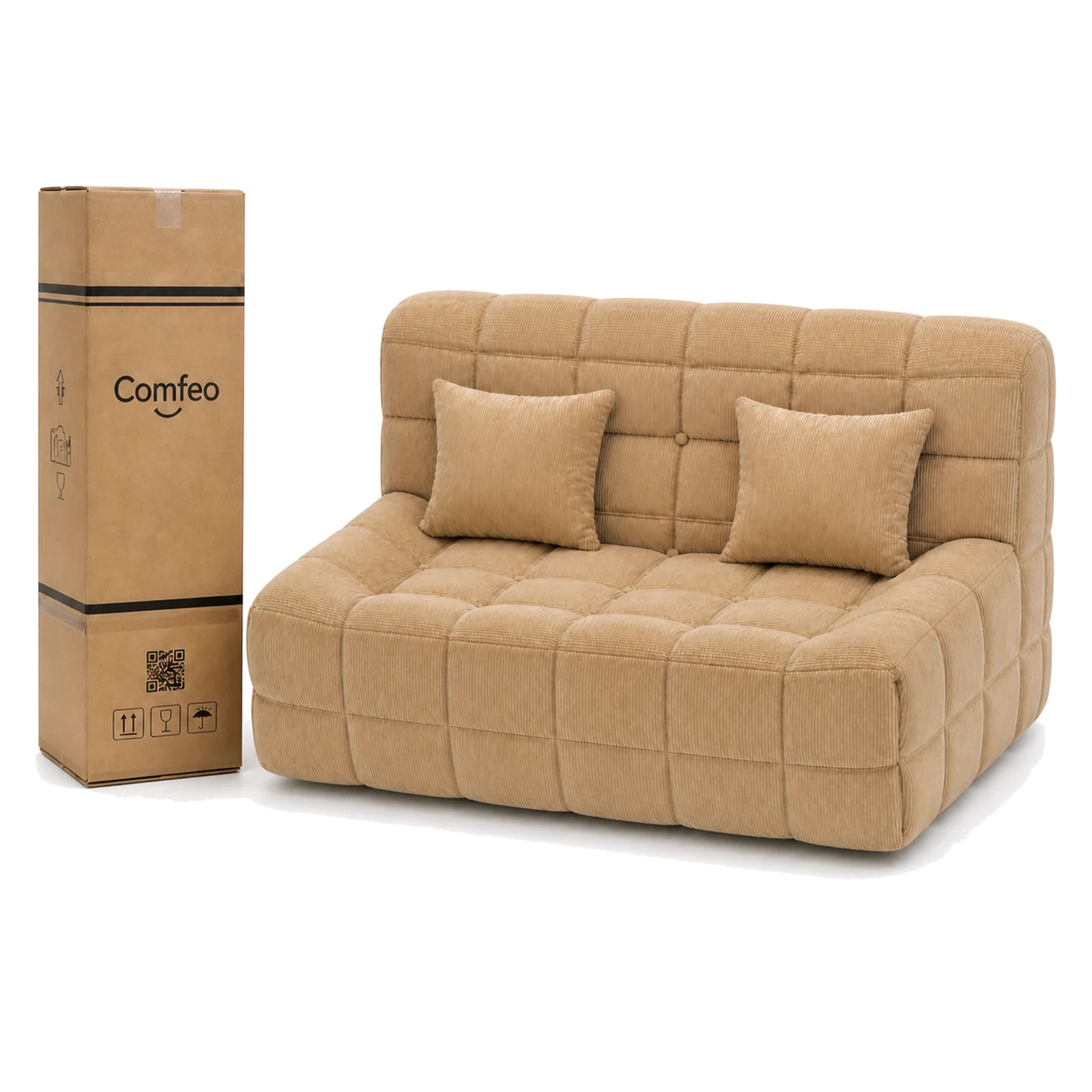 #MarronSable Canapé Waffle Classic matelassé 2 places marron sable, livré compressé dans un seul carton de 40 x 40 x 112 cm