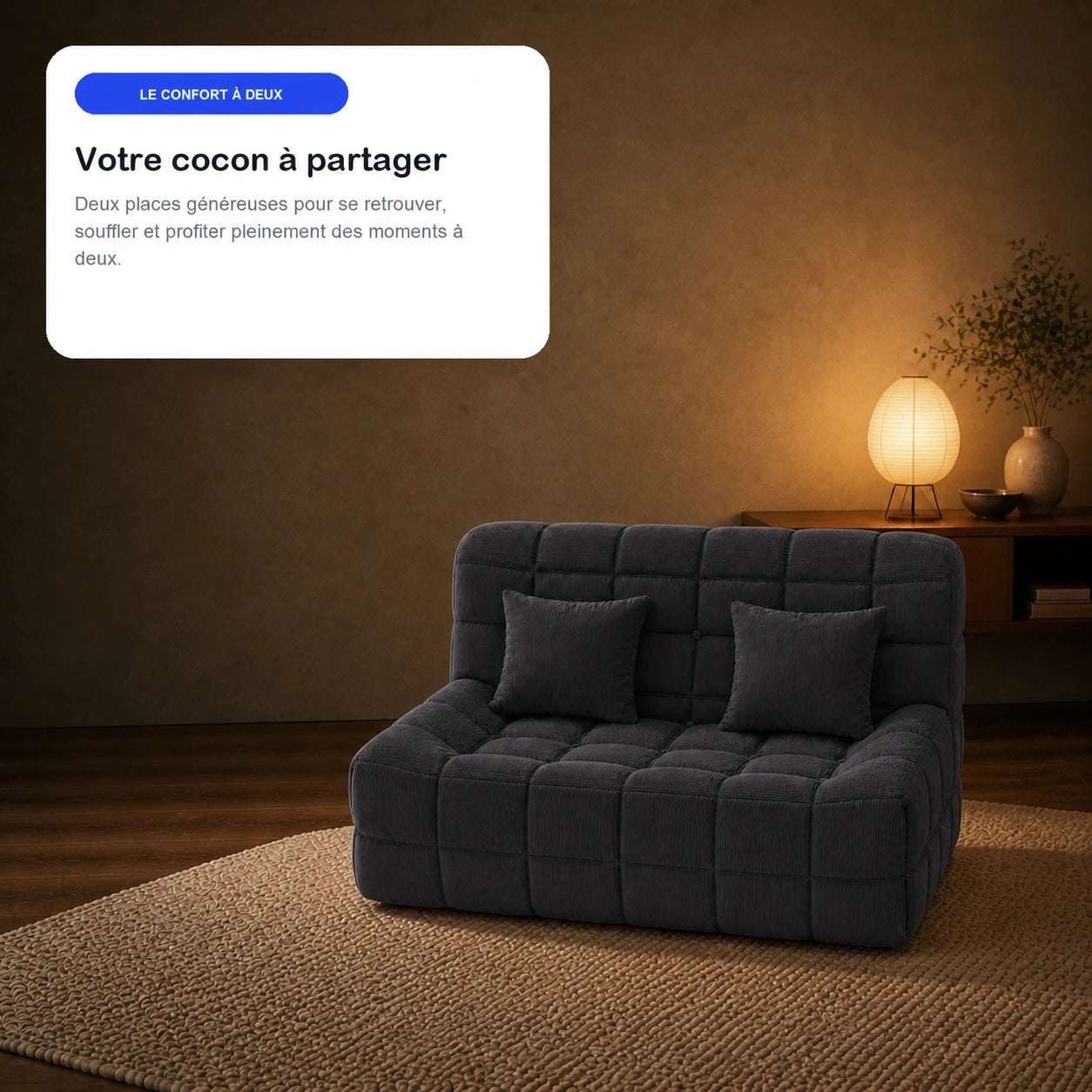 #Noir Canapé Waffle Classic matelassé 2 places noir, en situation, ambiance détente