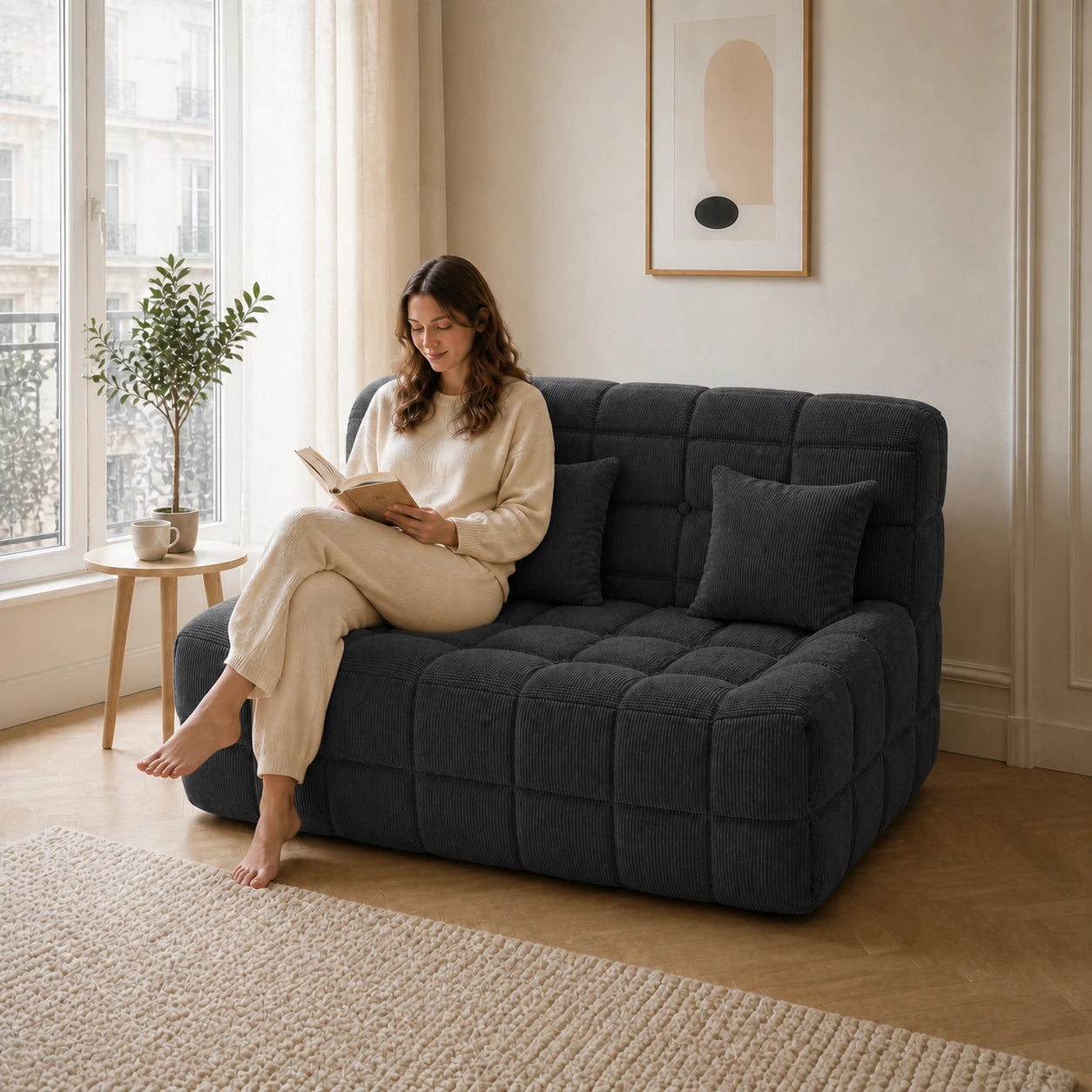 #Noir Canapé Waffle Classic matelassé 2 places noir, installé dans un salon lumineux