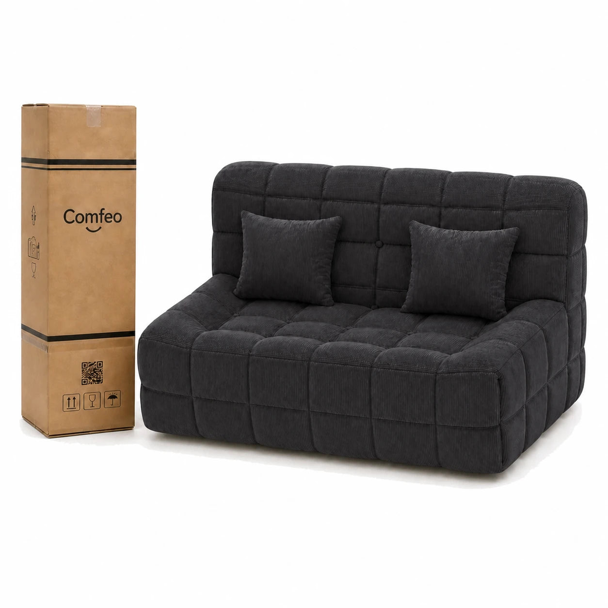 #Noir Canapé Waffle Classic matelassé 2 places noir, livré compressé dans un seul carton de 40 x 40 x 112 cm