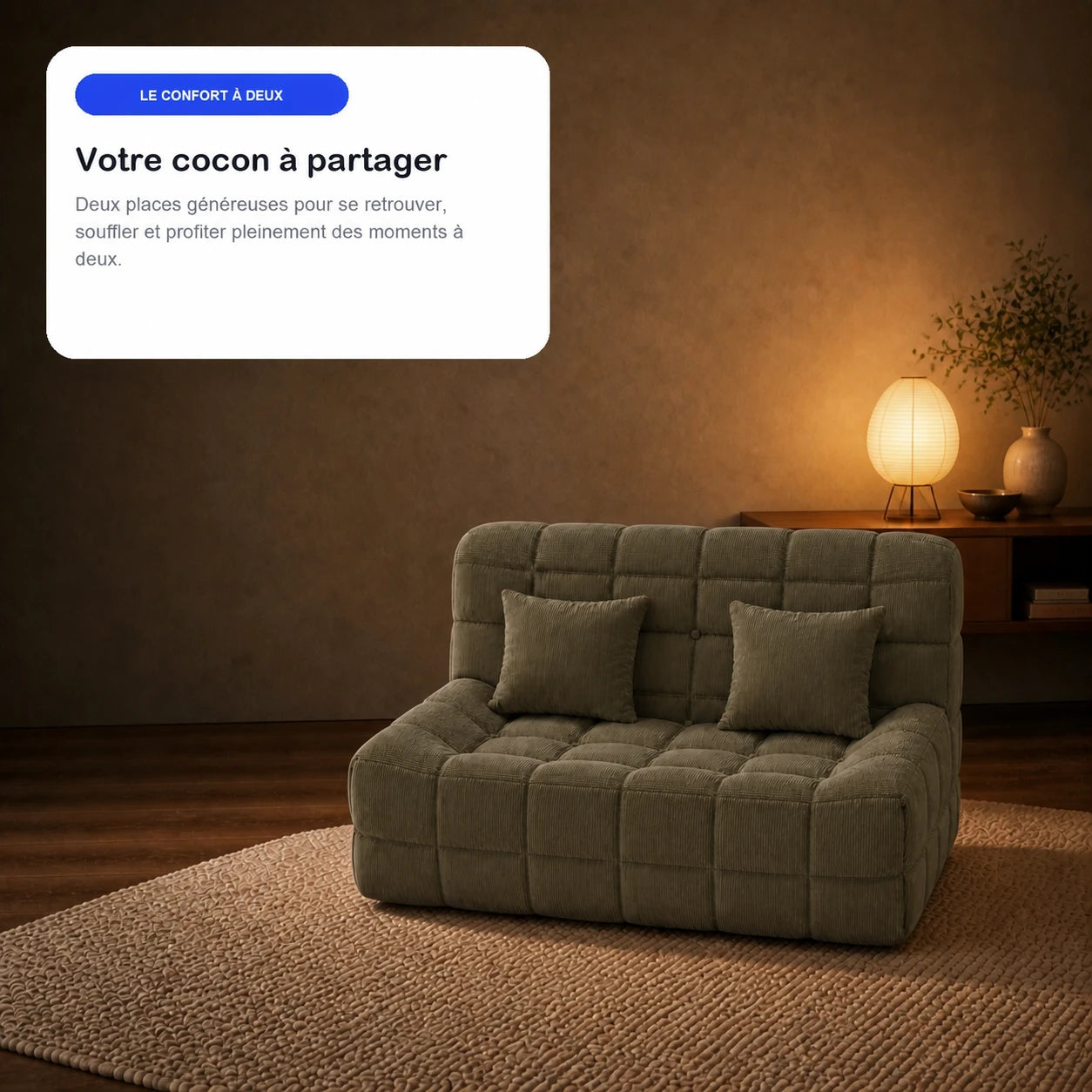 #VertOlive Canapé Waffle Classic matelassé 2 places vert olive, en situation, ambiance détente