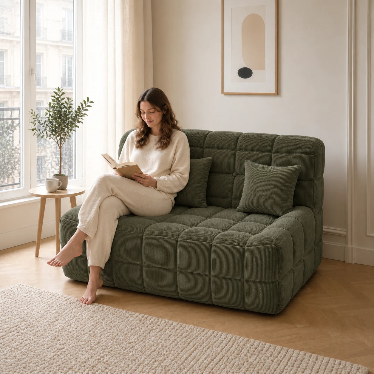 #VertOlive Canapé Waffle Classic matelassé 2 places vert olive, installé dans un salon lumineux