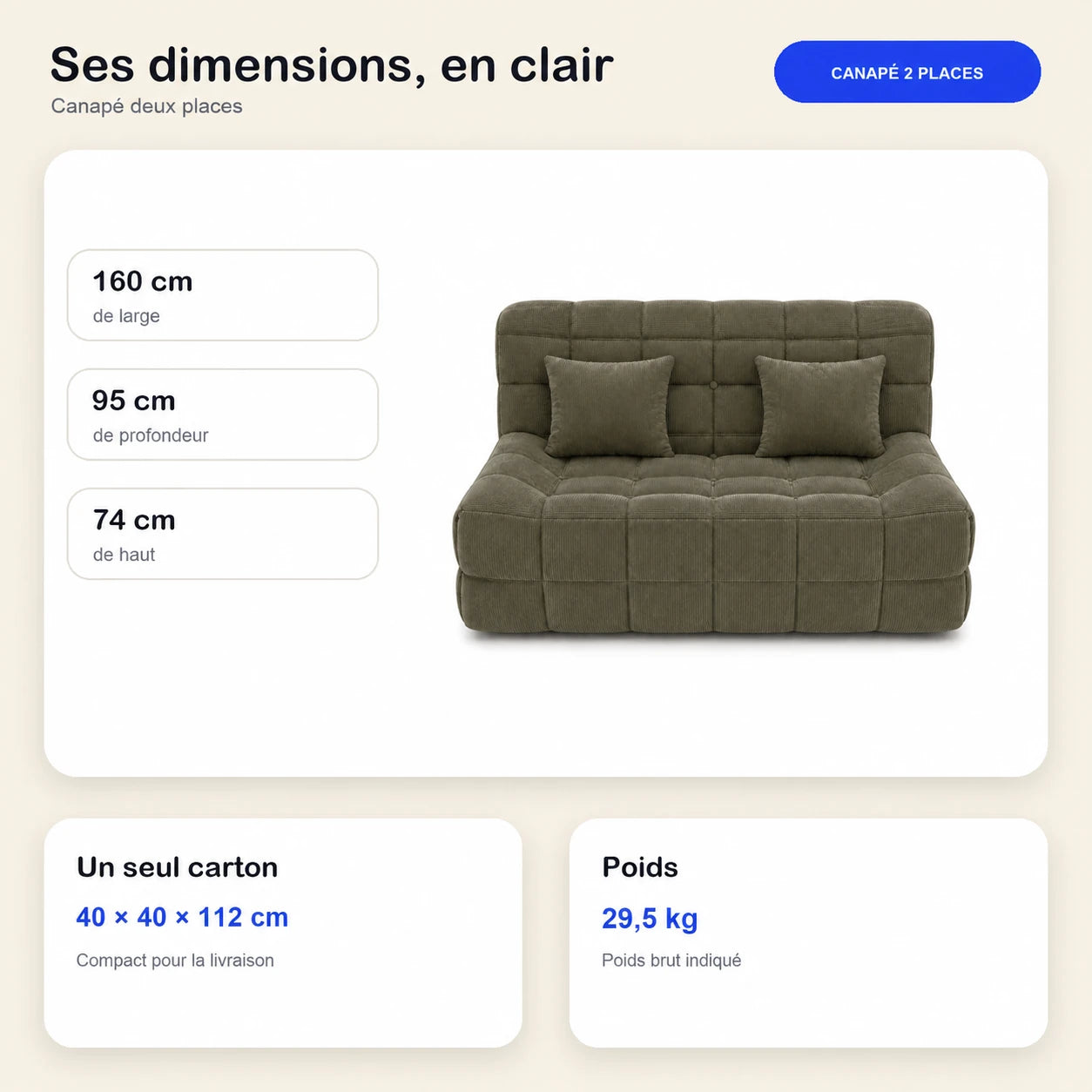 #VertOlive Canapé Waffle Classic matelassé 2 places vert olive, dimensions 160 x 95 x 74 cm, carton de 40 x 40 x 112 cm, 29,5 kg