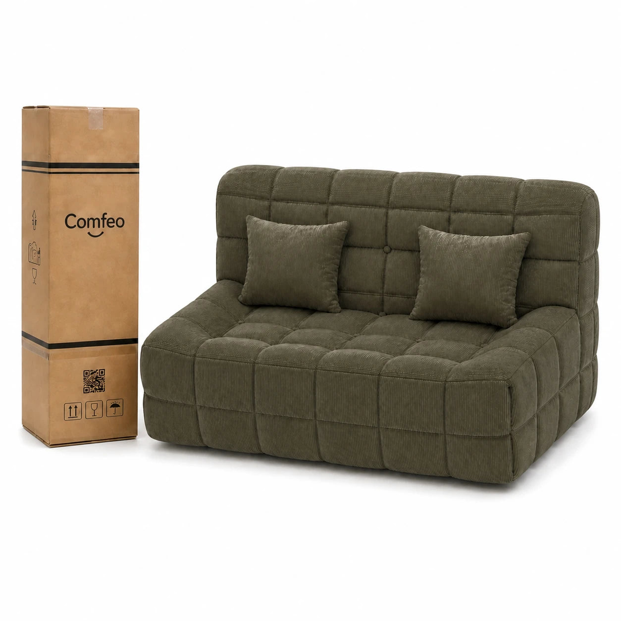 #VertOlive Canapé Waffle Classic matelassé 2 places vert olive, livré compressé dans un seul carton de 40 x 40 x 112 cm