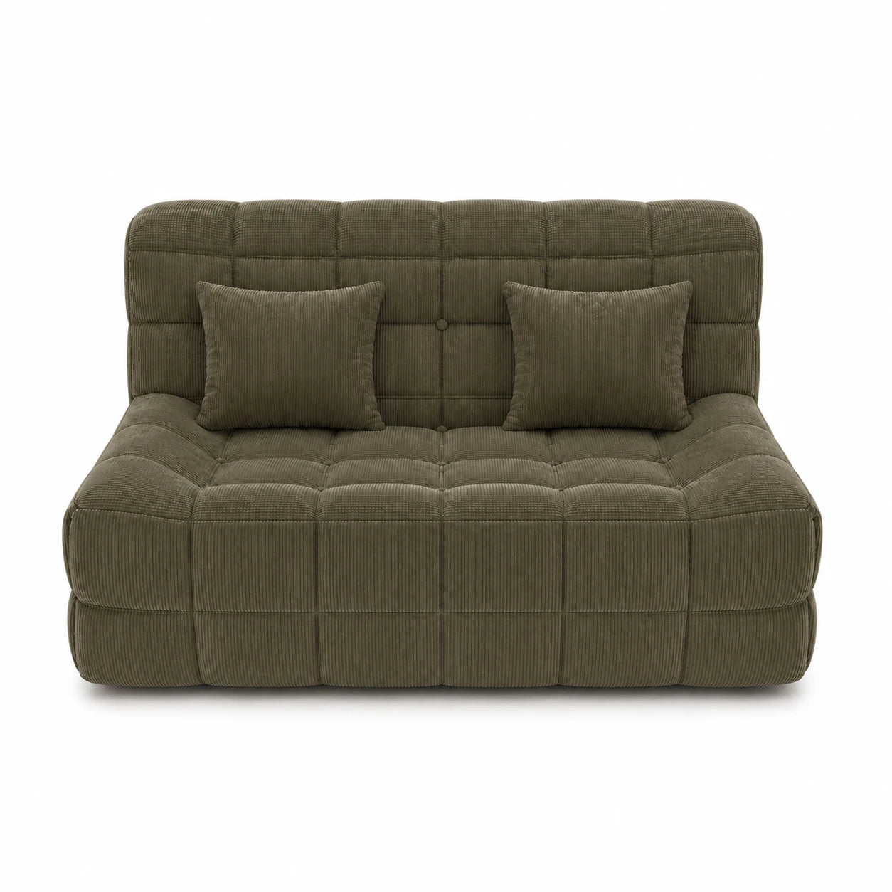 #VertOlive Canapé Waffle Classic matelassé 2 places vert olive, vue de face, assise basse et matelassage en damier