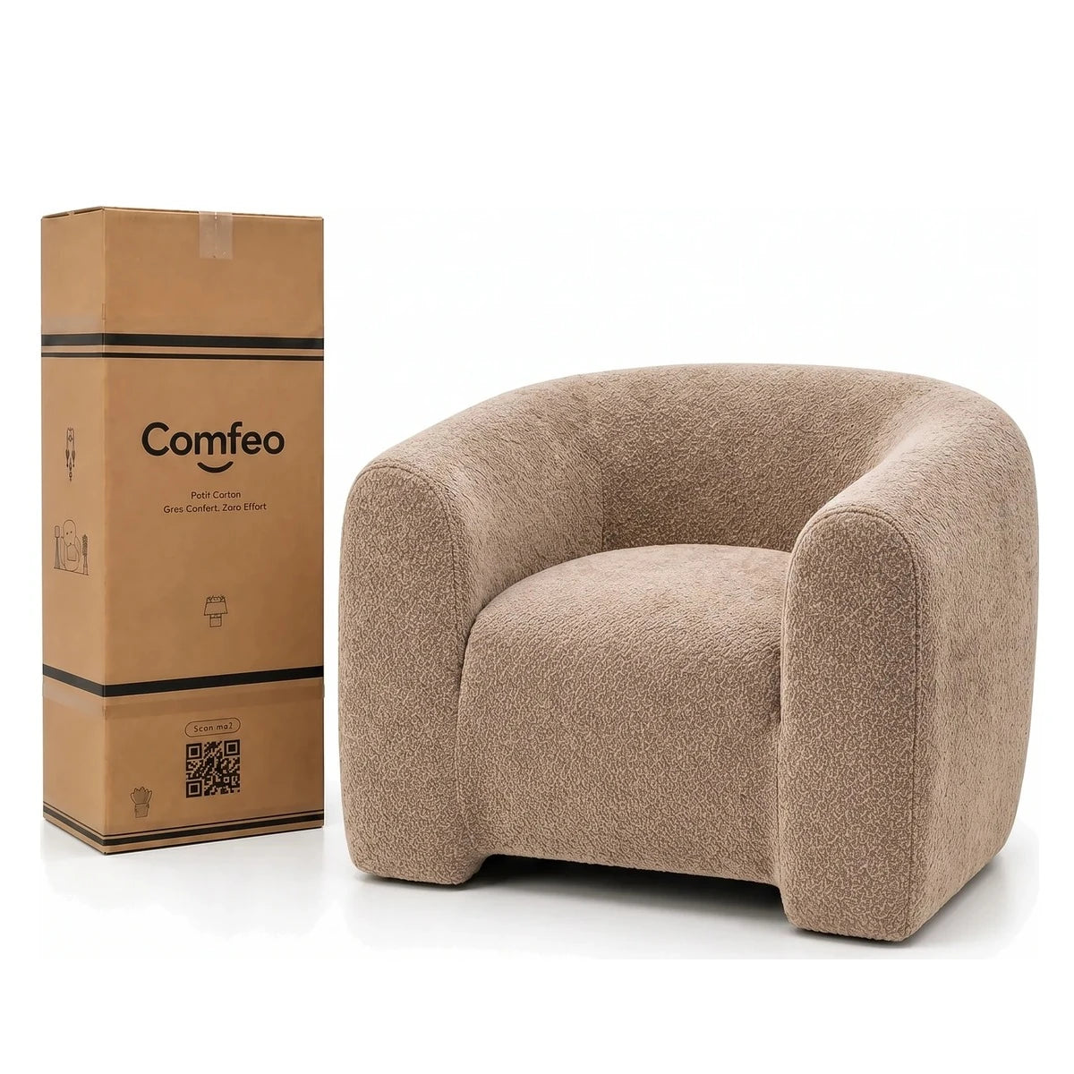 Fauteuil Cocoun beige sable et son carton de livraison