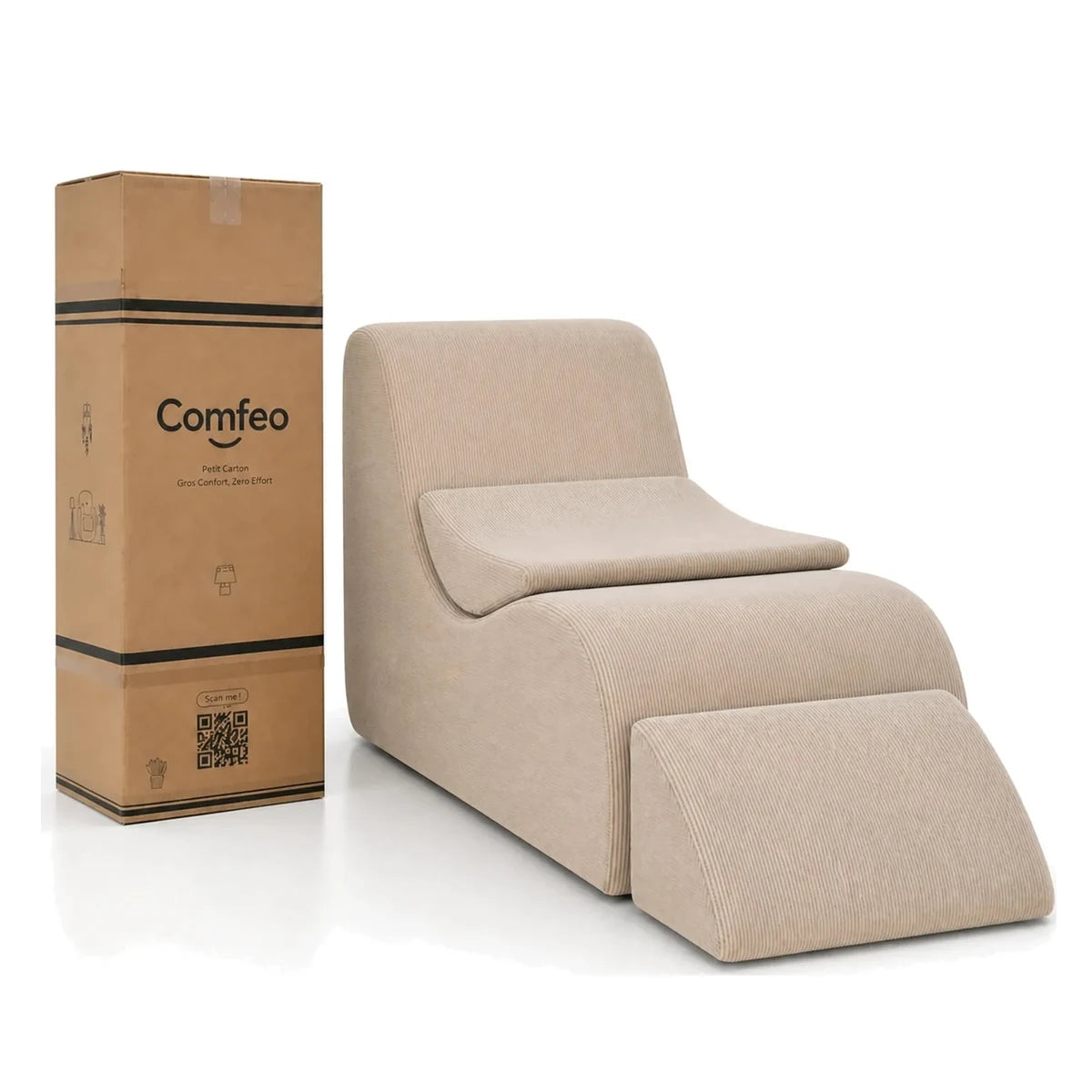 Méridienne Wave Lounger beige et son carton de livraison