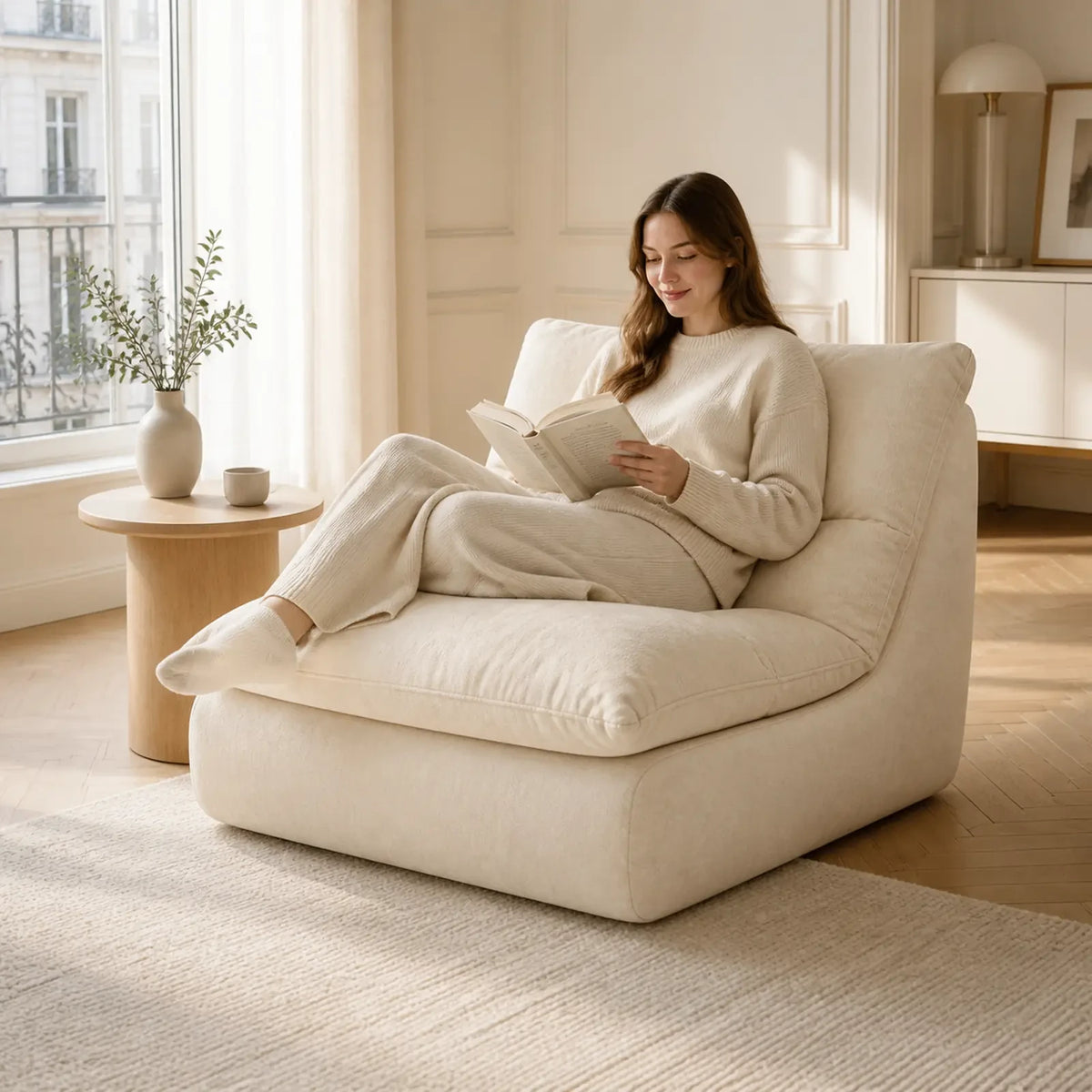#BlancCrème Chauffeuse Gummy Mini blanc crème, installé dans un salon lumineux