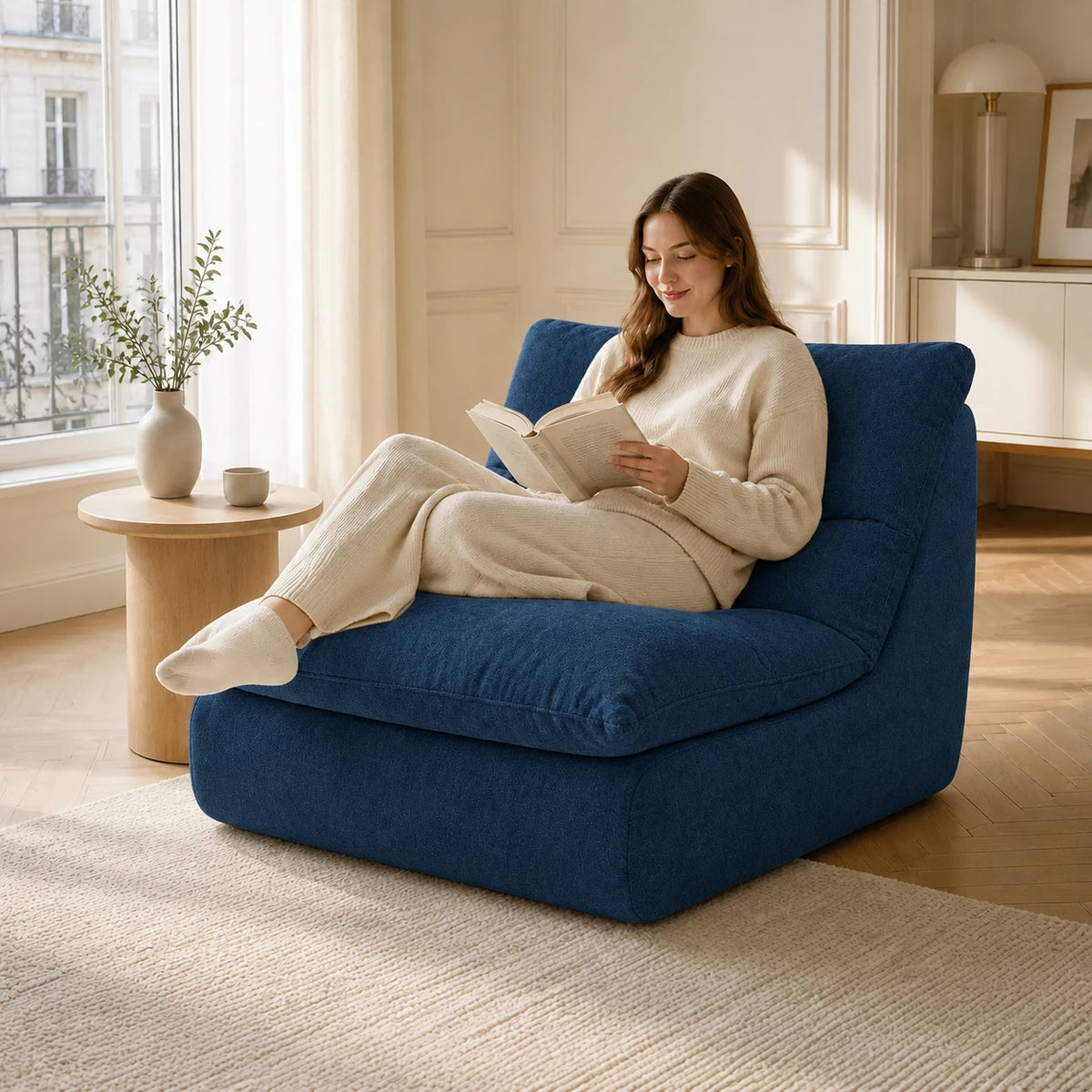 #Bleu Chauffeuse Gummy Mini bleu, installé dans un salon lumineux