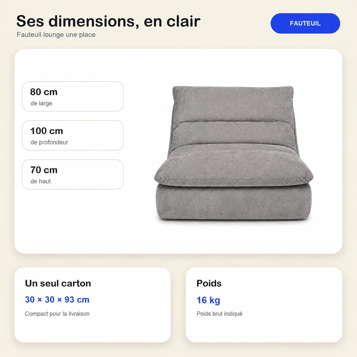 #Gris Chauffeuse Gummy Mini gris, dimensions 80 x 100 x 70 cm, carton de 30 x 30 x 93 cm, 16 kg