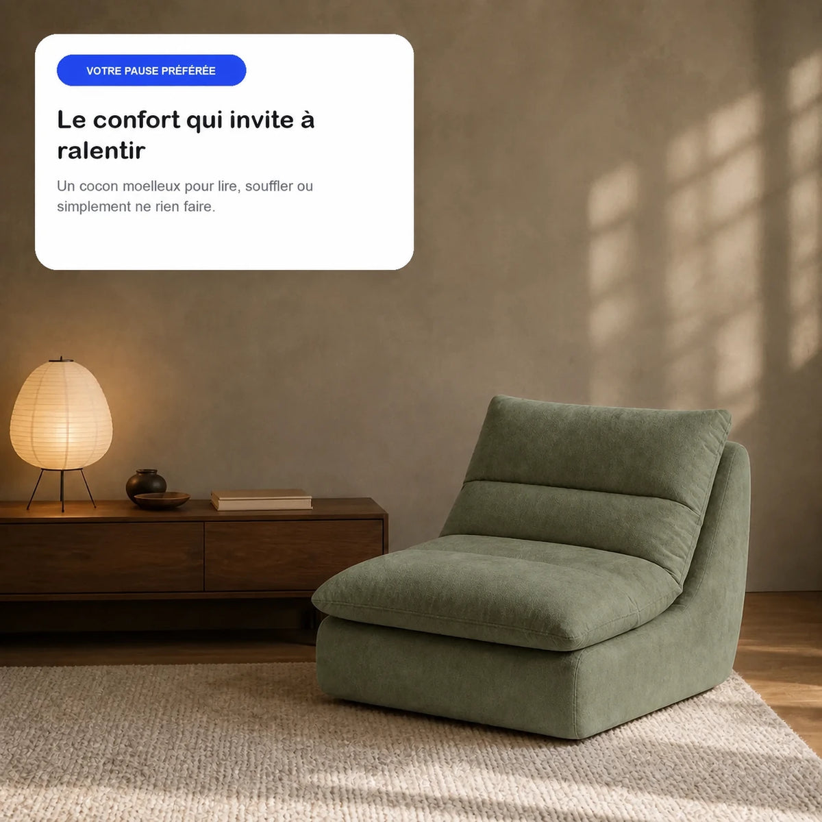 #VertSauge Chauffeuse Gummy Mini vert sauge, en situation, ambiance détente