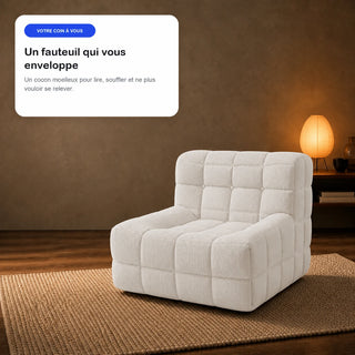 #BlancCrème Chauffeuse Waffle Mini matelassée 1 place blanc crème, en situation, ambiance détente
