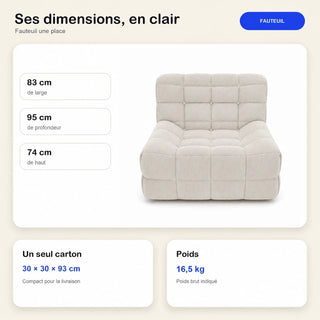 #BlancCrème Chauffeuse Waffle Mini matelassée 1 place blanc crème, dimensions 83 x 95 x 74 cm, carton de 30 x 30 x 93 cm, 16,5 kg