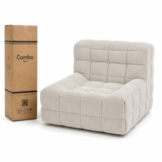 #BlancCrème Chauffeuse Waffle Mini matelassée 1 place blanc crème, livrée compressée dans un seul carton de 30 x 30 x 93 cm