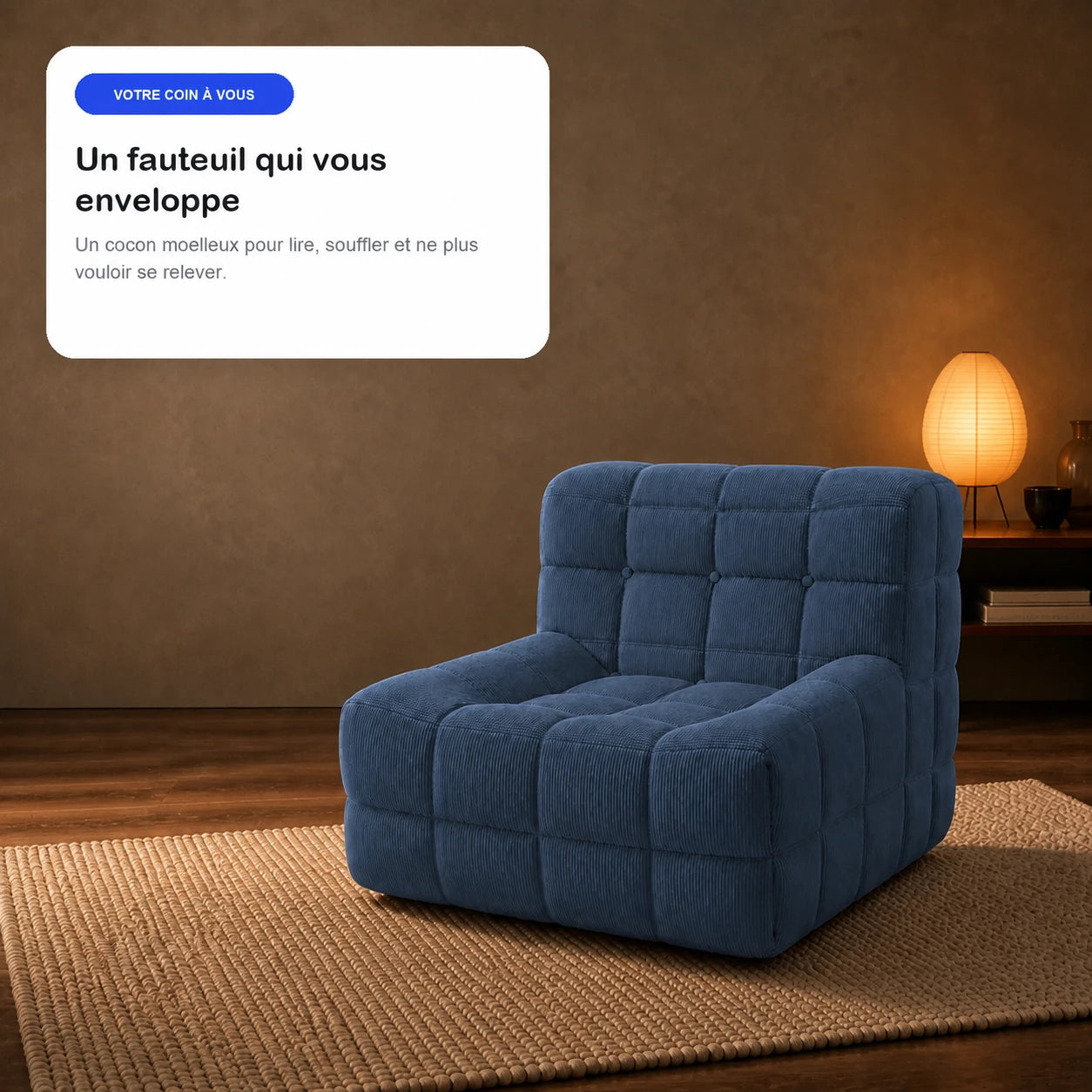 #BleuDenim Chauffeuse Waffle Mini matelassée 1 place bleu denim, en situation, ambiance détente