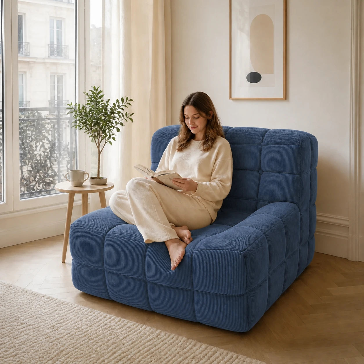 #BleuDenim Chauffeuse Waffle Mini matelassée 1 place bleu denim, installé dans un salon lumineux