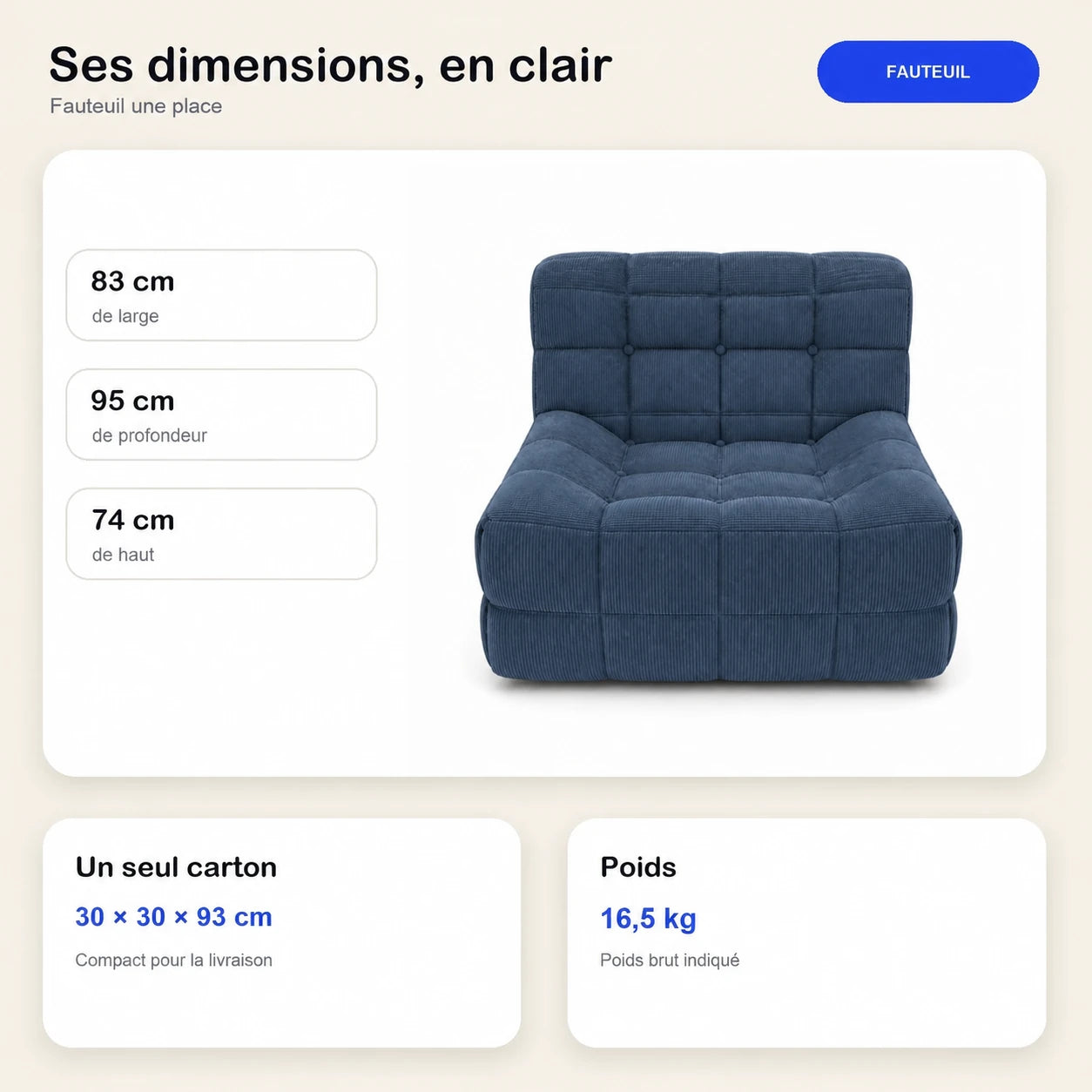 #BleuDenim Chauffeuse Waffle Mini matelassée 1 place bleu denim, dimensions 83 x 95 x 74 cm, carton de 30 x 30 x 93 cm, 16,5 kg