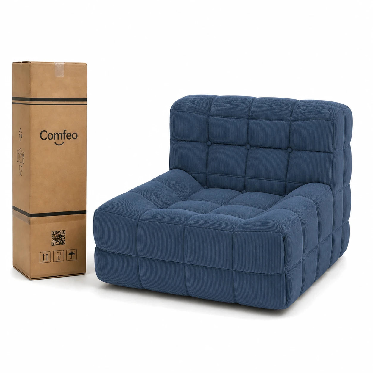 #BleuDenim Chauffeuse Waffle Mini matelassée 1 place bleu denim, livrée compressée dans un seul carton de 30 x 30 x 93 cm