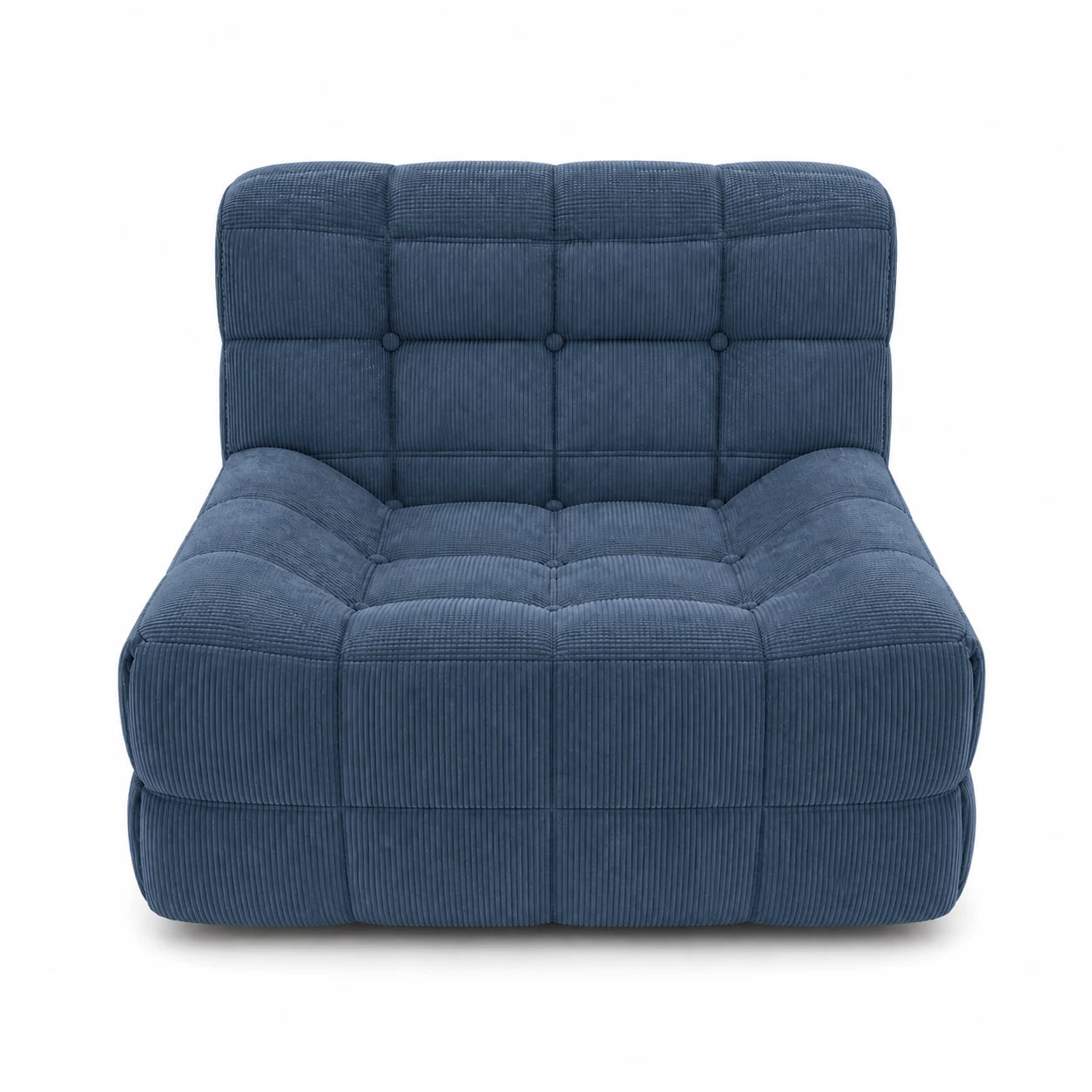 #BleuDenim Chauffeuse Waffle Mini matelassée 1 place bleu denim, vue de face, assise basse et matelassage en damier