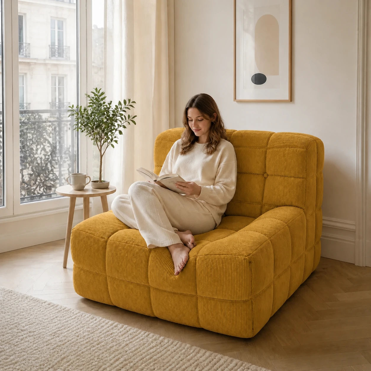 #JauneMoutarde Chauffeuse Waffle Mini matelassée 1 place jaune moutarde, installé dans un salon lumineux